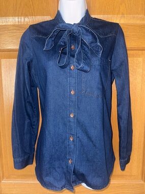 The Trafaluc Collection Zara Blue Denim Bow Tie Neck Button-Up Blouse S